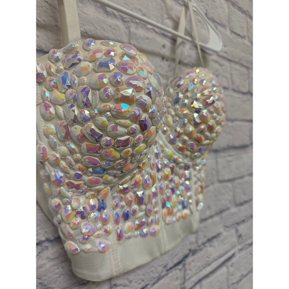 Je'Taime Boutique White Beaded Bustier Corset Adj Straps Back Closures SZ L NWT - Picture 2 of 4